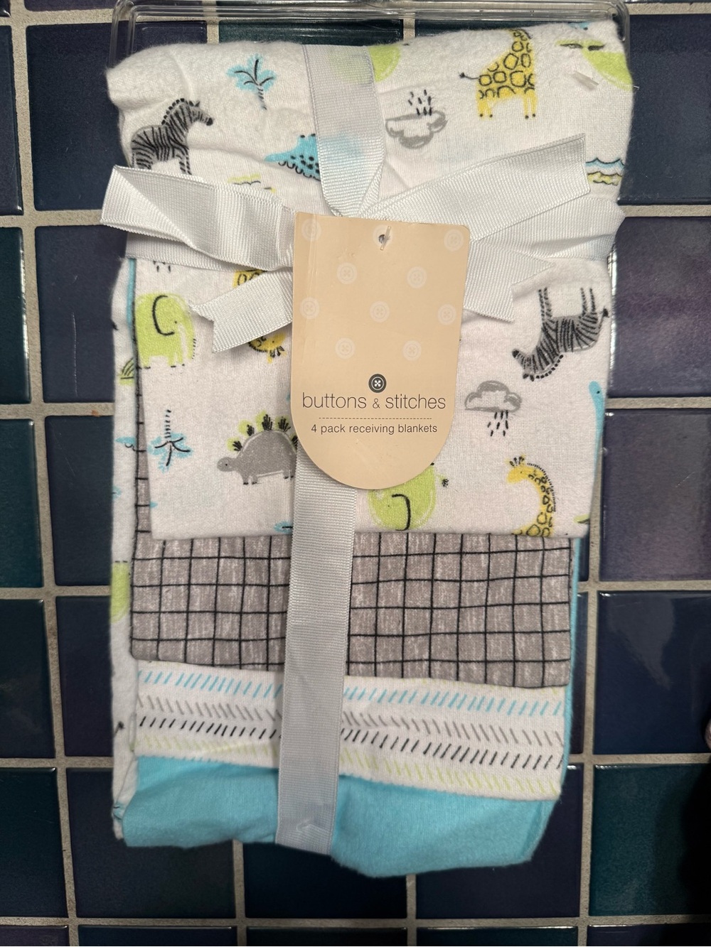 Baby Animal Receiving Blankets - White with Blue, Green, Gray Accents - 4 Pack